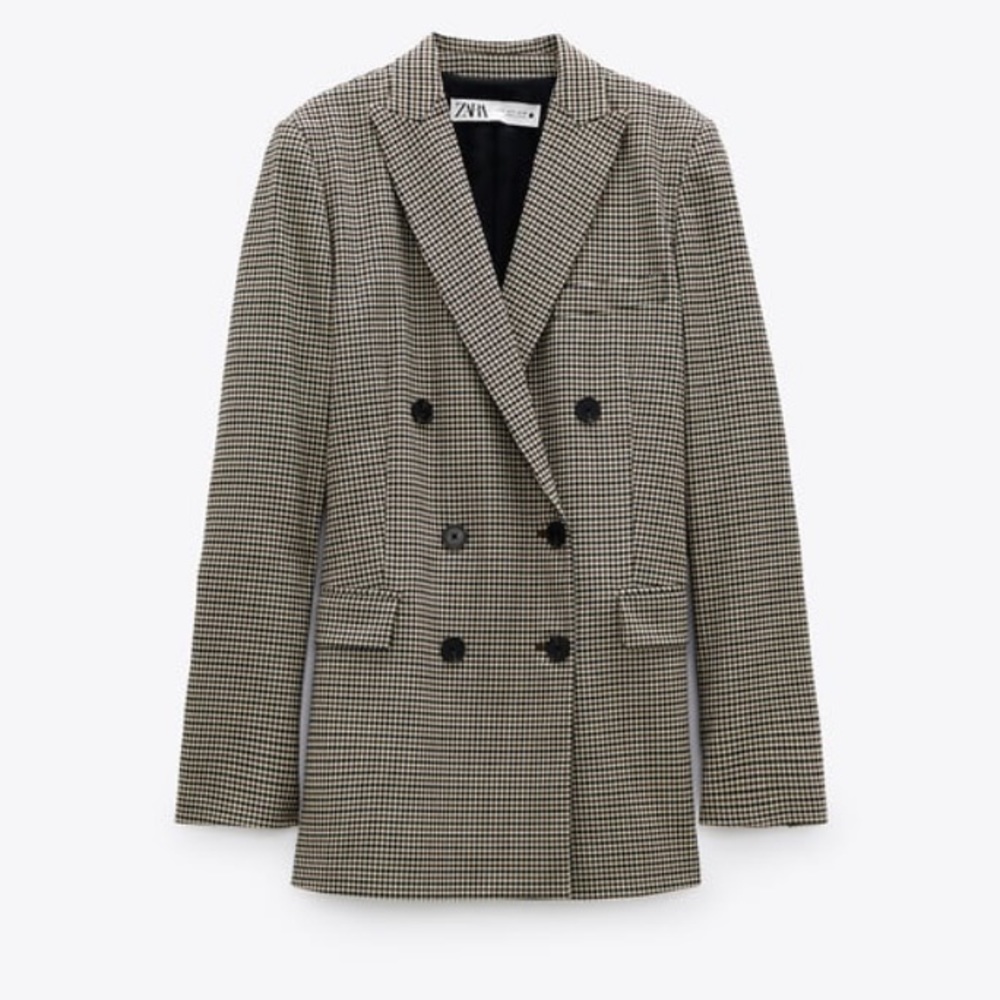 Zara Brown Black Hoodstooth Plaid Check Blazer